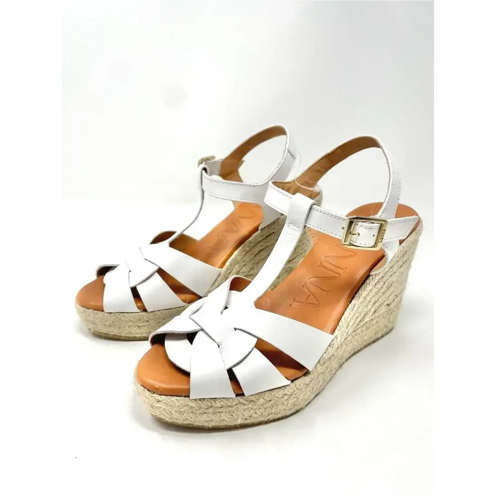 NEW KANNA Made In Spain White Leather Espadrille Wedge Sandals Size 6, EU 36